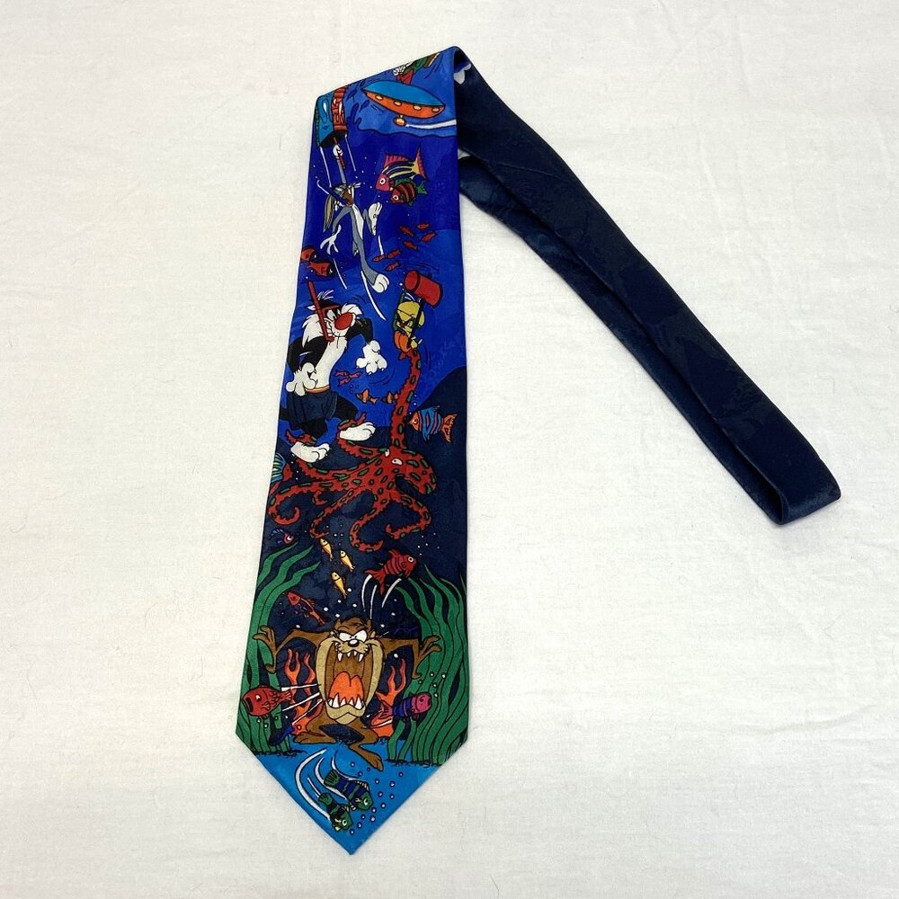 Vintage 90s Looney Tunes Mania Under Ocean Sea Character Neck Tie Warner Bros